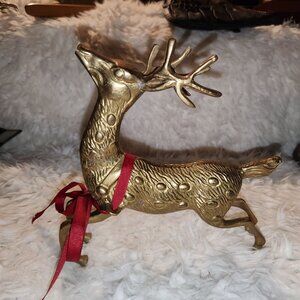 Vintage Solid Brass Reindeer Figurine With Red Ribbon MCM Cottage Fairy Year Rou